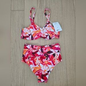 Floral High-Waist Bikini Set in Pink & Orange NEW MOTF